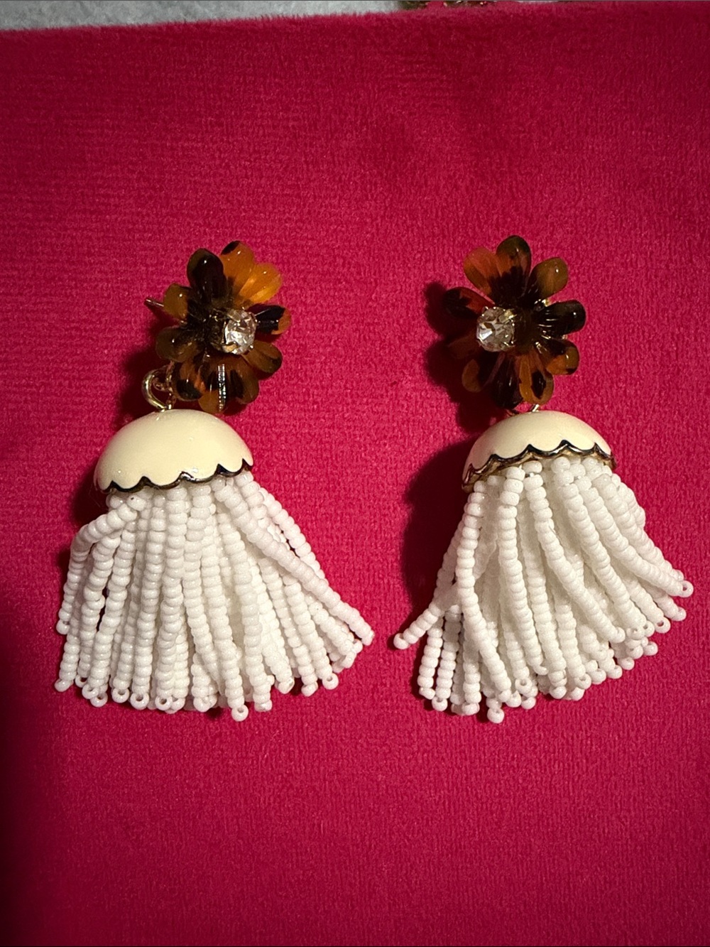 J. Crew White Beaded Tassel Earrings with Amber Flower Tops